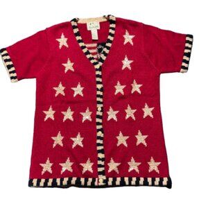 VTG Quaker Factory Red Patriotic Sequined Star American Flag Knit Cardigan SZ S